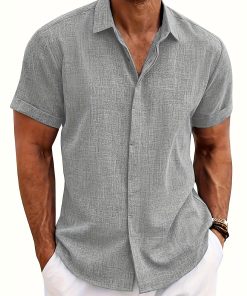 Men's Short Sleeve Solid Button-Down Shirt - Breathable Cotton Blend, Casual Summer Leisurewear with Tailored Fit for Stylish Comfort