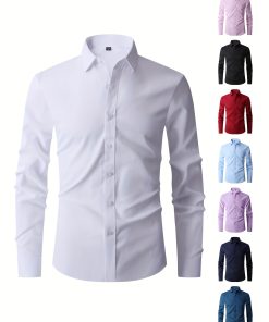 Solid Color Men's Business Slim Fit Long Sleeve Button Up Shirt, Spring Fall Formal Wear, Gift For Men