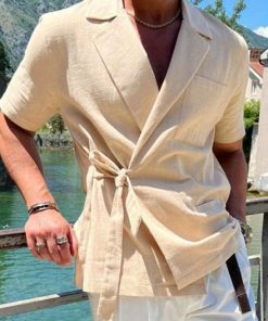 Solid Casual Men's Cotton Comfy V-neck Shirt With Knot For Summer Vacation, Men's Blouse, K-pop