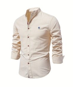 Solid Color Men's Cotton Long Sleeve Button Up Shirt With Stand Collar, Spring Fall