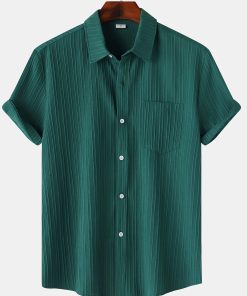 Men's Short Sleeve Button-Up Shirt - Breathable, Casual Summer Wear with Chest Pocket, Stylish Solid Color & Comfort Lapel Collar for Outdoor Activities