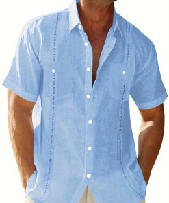 Mens Cuban Guayabera Shirts Cotton Linen Short Sleeve Shirt Casual Button Down Shirts Summer Beach Tops
