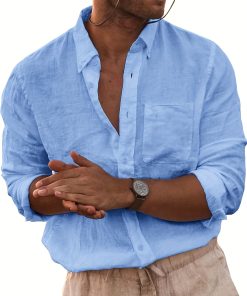 Mens Button Down Shirt Linen Cotton Shirts Casual Long Sleeve Spread Collar Lightweight Beach Plain Tops