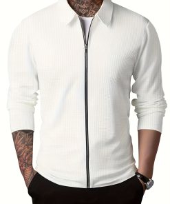 Men's Full Zip Waffle Pattern Jacket - Stylish Lapel Coat - Versatile for Spring & Autumn Wear - Casual Elegance