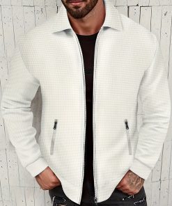 Men's Classic Zip-Up Waffle Jacket - Durable Stretch & Comfort Fit with Lapel Collar, Ideal for Casual Daily Wear
