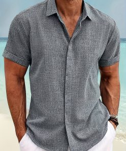 Men's Shirt Top, Solid Camp Collar Bowling Shirts Short Sleeve Closure Summer Male Casual Button Up Shirt For Daily Vacation Resorts Beach Shirts For Men