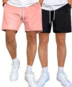 2pcs Men's Solid Fashion Active Shorts, Drawstring Shorts For Summer Resort, Summer Daily